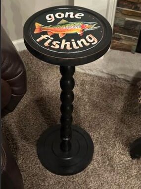 Cabin/Lodge/Lake or Vacation Home Wooden Pedestal Upcycled Drink Table | Fishing